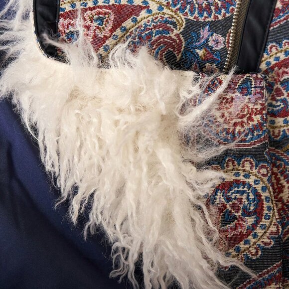 Navy Blue Casual Women's Jacket with Faux Fur Collar and Paisley Pattern - Picture 9 of 9